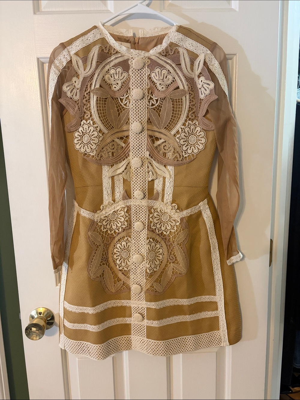 Lace-Appliqué Long Sleeve Mini Dress in Tan and Cream
